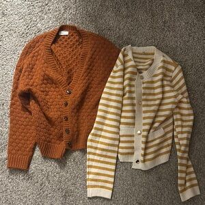 Cozy Knit Cardigan Sweater Set - Rust and Mustard Stripes